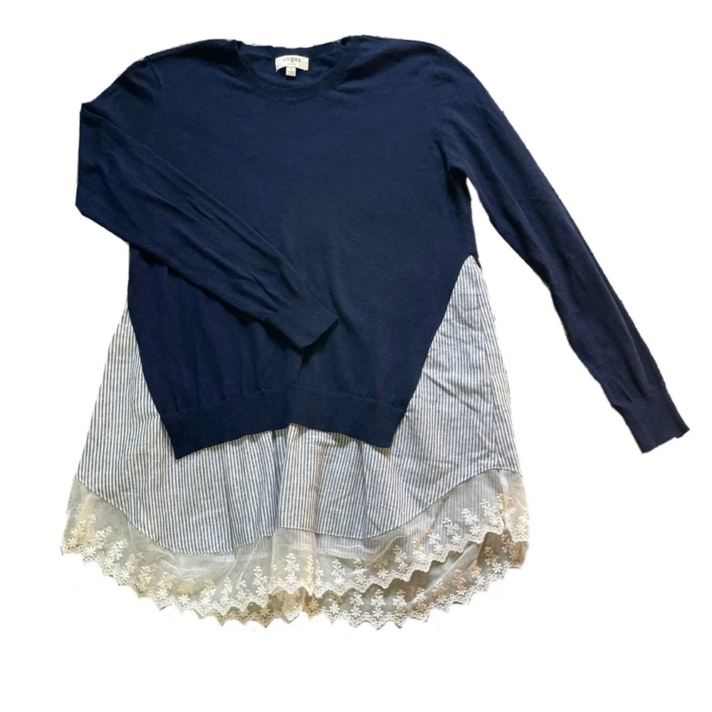 Medium - Women's UMGEE Navy Blue Sweater with Striped Shirt Lace Hem Style A1636